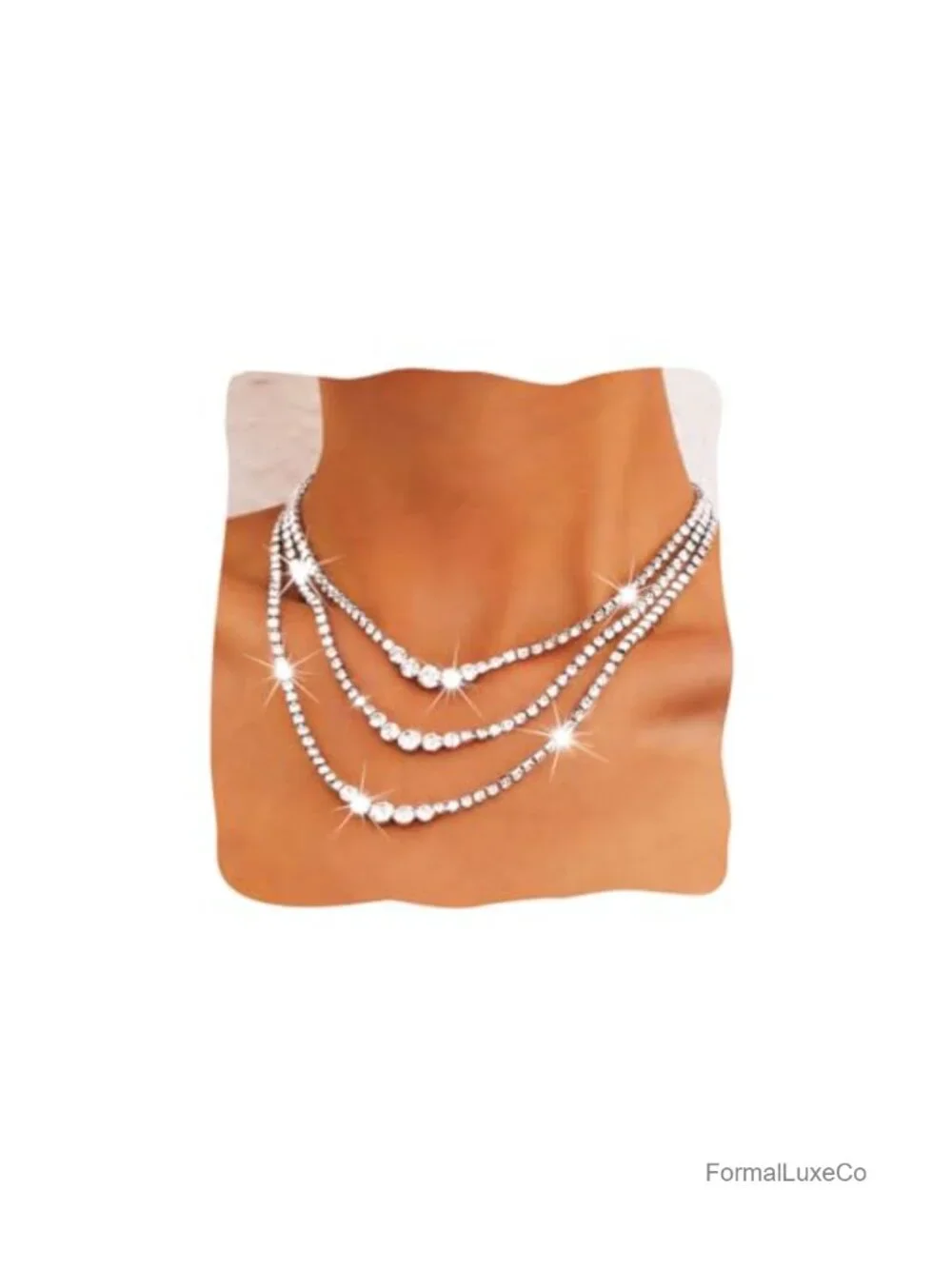 Layered Rhinestone Necklace Crystal Chain Sparkly Party Jewelry Alloy Metal